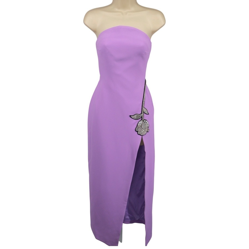 David Koma Crystal Rose Strapless Midi Dress‎ Lilac Silver Floral Applique US 10